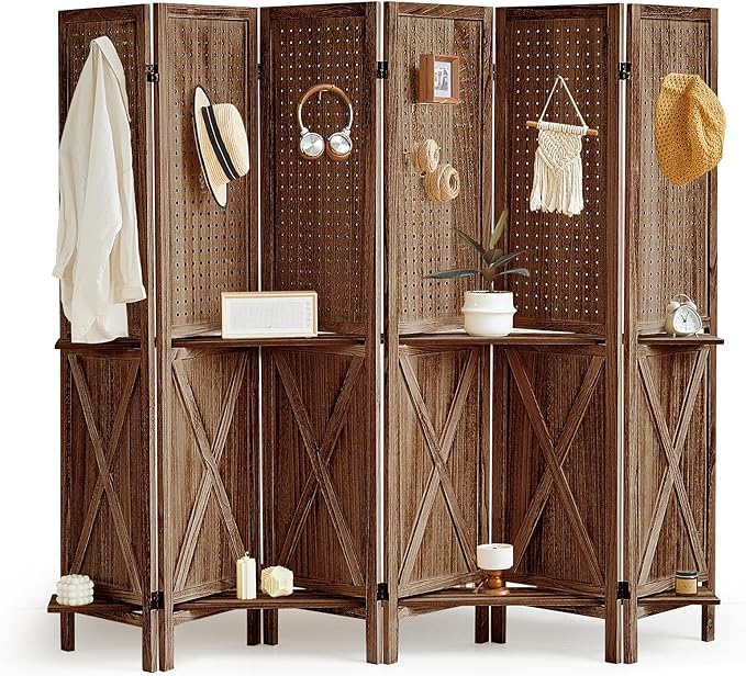 6 Panel Pegboard Display with Shelf, Wooden Pegboard Room Divider Wall with 24 Hooks, Partition Room Dividers and Folding Privacy Screens, Bedroom, Jewelry Store, Brown