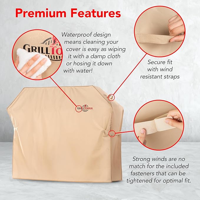 Heavy Duty BBQ Grill Cover for Outdoor Grill, 30 Inch – Waterproof, Weather Resistant, UV & Fade Resistant with Adjustable Straps – Gas Grill Cover for Weber, Genesis, Charbroil, etc. Tan