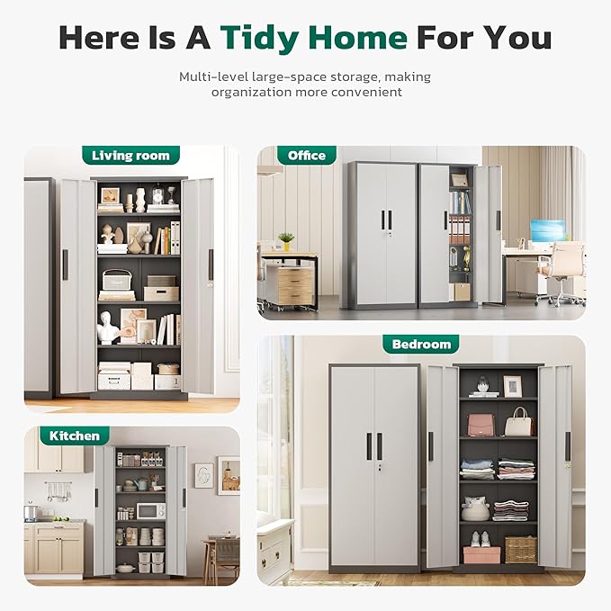 Greenvelly Metal Storage Cabinet, 63" H Locking Metal Storage Cabinet with Doors and 4 Shelves, Lockable Steel Cabinets for Kitchen, Bedroom, Living Room, Office (White Grey)