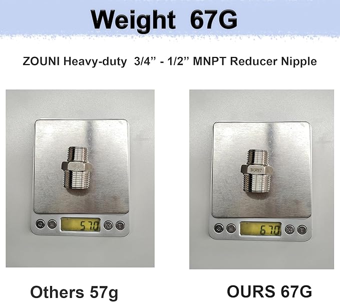 ZOUNI 2pcs Reducing Hex Nipple, 304 Stainless Steel 3/4" NPT Male x 1/2" NPT Male Pipe Fitting Reducer Nipple Adapter 2000psi Reducer Straight Connector(2pcs, 3/4"-1/2")
