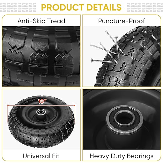 TICONN 10" Solid Tires, 4 Pack Flat Free 4.10/3.50-4'' Wheels with 5/8” Axle Bore Hole and Double Sealed Bearings (Black, 4PK)