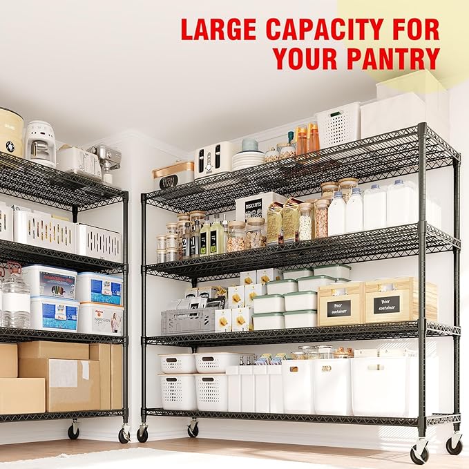 GarveeLife 74" H Storage Shelves with Wheels 2640 LBS Heavy Duty Metal Shelving 4-Tier Wire Shelving for Corner Storage Rack Adjustable Pantry Shelf for Kitchen Pantry, 74" H x 59" W x 24" D