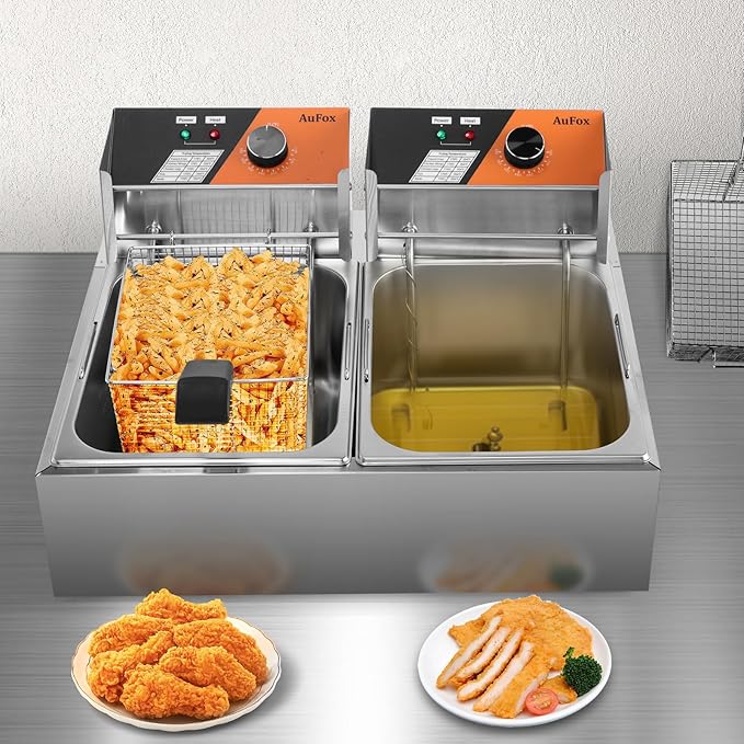 Commercial Deep Fryer 20.7Qt/20L Dual Tank Deep Fryers with Baskets 0.8mm Thickened Stainless Steel Electric Countertop Fryer with Adjustable Temperature, 1700w x2, 110v