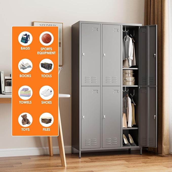 METAN Metal Locker for School Office Gym Bedroom,6 Doors Steel Storage Lockers Cabinet for Employees,Industrial Storage with 1 Shelf,Assembly Required,Dark Gray