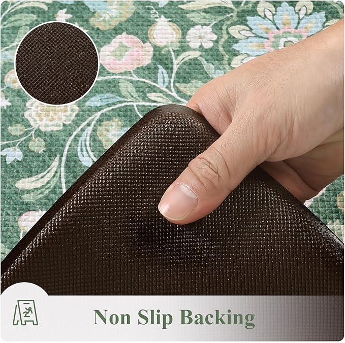 KIMODE Comfort Kitchen Floor Mats Cushioned Anti Fatigue,Farmhouse Spring Floral Kitchen Runner Rug Sets of 2 Non Slip,Long Memory Foam Standing Carpet for Laundry Sink Home,Green