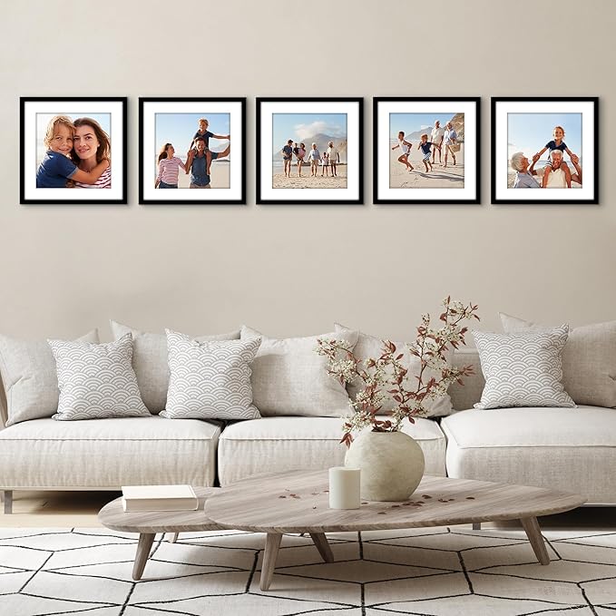 Americanflat 13x13 Picture Frame with Polished Plexiglass - Set of 5 - Use as 10x10 Frame with Mat or Display 13x13 Photo Without Mat - Galleria Collection - Square Frames for Wall Display - Black