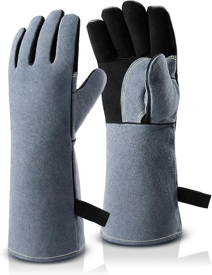OZERO 932°F Heat Resistant Welding Gloves 16 inches Cowhide Leather - Long Sleeve and Insulated Lining BBQ Glove for Tig Welder/Mig/Grill/Barbecue/Stove Black-gray