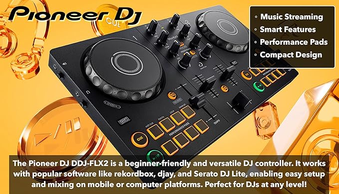 Pioneer DJ AlphaTheta DDJ-FLX2 Compact 2-Channel DJ Controller Bundle with Case, Instrument Cable, and Austin Bazaar Polishing Cloth