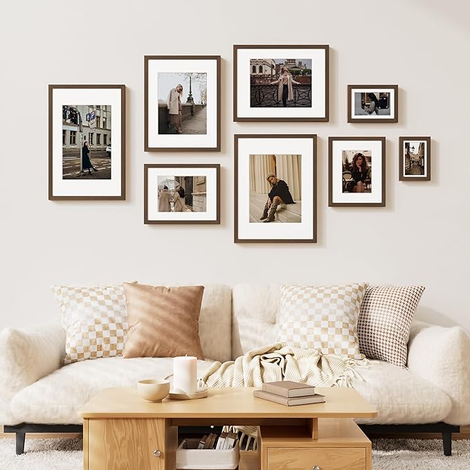 Vittanly 8x10 Picture Frame Set of 2, Solid Wood Frame for Wall or Tabletop, Display Photo 5x7 with Mat or 8x10 without Mat, Brown