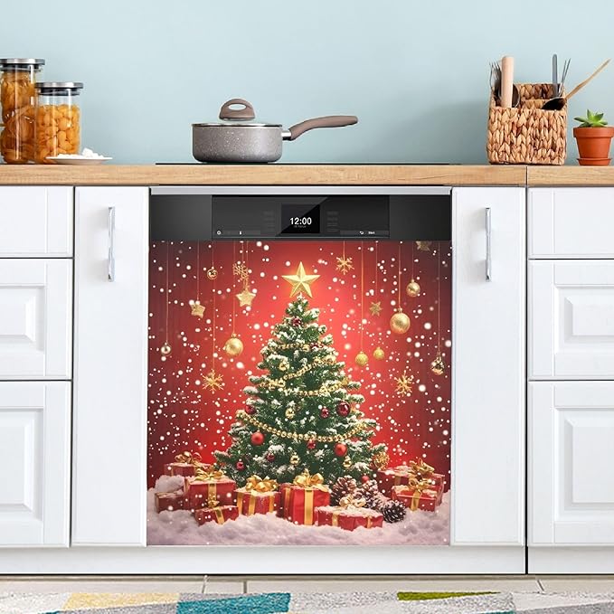 Christmas Tree Dishwasher Magnet Cover Panel,Xmas Balls Red Magnetic Dishwasher Covers Refrigerator Sticker Decal Christmas Decorative Washing Machine Cover for Home Kitchen,23x26in