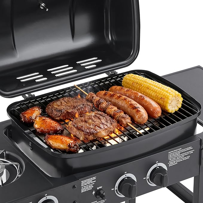 Gas Grill with Side Burner, 2 Burner Propane Grill 24,000 BTU, 237 Sq In Cooking Area, Stainless Steel Outdoor Grill for Backyard, Patio, Balcony