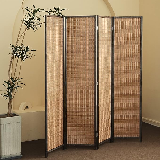 4 Panel Bamboo Room Divider and Folding Panel Screen,Bamboo Panel Divider for Room Separation,Brown,67" H x 61.4" W
