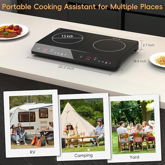 Double Induction Cooktop, 1800W Portable Induction Cooktop 2 Burner Independent Touch Control, Ceramic Electric Stove with 9 Temperature and Power Level, Safety Lock, 3 Hour Timer - Black