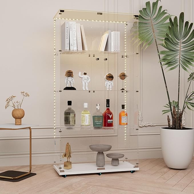 Yoluckea 4 Tiers Glass Display Cabinet with Bluetooth LED Light Strip, 2 Doors Floor Standing Curio Cabinet with Universal Wheel for Home Office Display,White Glass Bookshelf for Collections,Clear Top