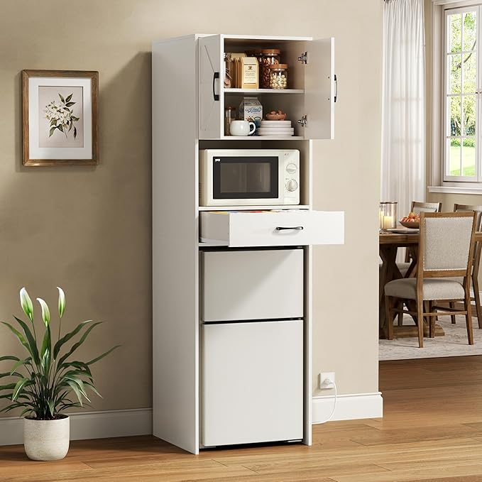 Mini Fridge Stand with Storage and Power Outlet, Coffee Bar Cabinet with Microwave Shelf, – Fits Most Mini Fridges and Wine Coolers, for Dorm, Kitchen, or Office White KH03MRW