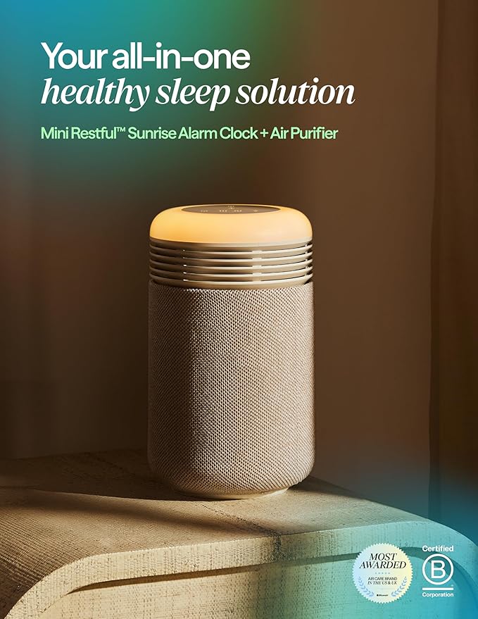 BLUEAIR Purifier for Bedroom - Mini Restful - Sunrise Clock with HEPASilent Filtration and Wake Up Light - Cleans Air and Supports Circadian Rhythm - USB-C and App Connectivity, Beige