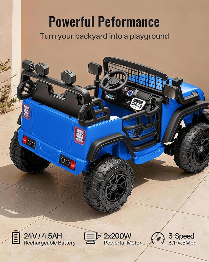 2 Seater Ride on Car Toy, 24V 4WD Electric Car for Kids 4-8 with Remote Control, 4x200W Motors, Capacity 110 lb - Blue