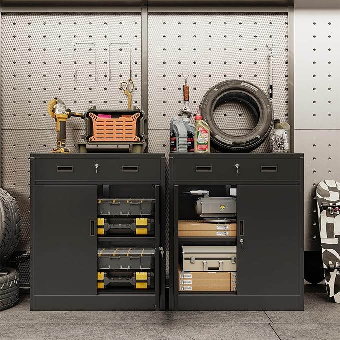 CJF Metal Storage Cabinet, Locking Storage Cabinet with Doors and 1 Drawer, 36" H x 28" W x 16" D Metal Cabinets for Office/Home/Garage -Black