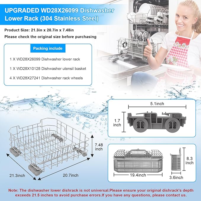 Upgraded WD28X34744 WD28X26099 Dishwasher Lower Rack Compatible with GE Dishwasher Rack Parts,WD28X28918 WD28X22659 WD28X34744 GDF510PSM0SS 304 Stainless Steel GE Dishwasher Bottom Rack with Wheel