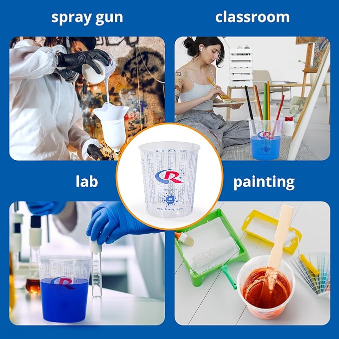 Paint Mixing Cup 40 Ounce, Accurate Measurements in Ratios and OZ. and ML, 100PCS Plastic Graduated Measuring Cups with 12PCS Lids for Paint, Resin, Epoxy, Acrylic, Pigments, Art