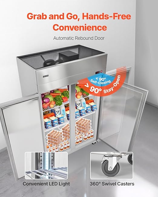 VEVOR Commercial Reach-In Refrigerator 48" W, 33 Cu.Ft Stainless Steel Upright Refrigerator with Double Glass Doors, Auto-Defrost, 6 Adjustable Shelves, 32 to 50℉ Temp Control, UL Certified
