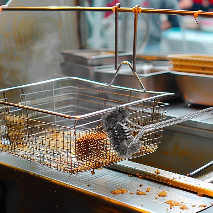 3Pcs Deep Fryer Cleaning Tools, Include L-Shaped Fryer Cleaning Brush Stainless Steel Bristle Fryer Cleanout Rod, Deep Fryer Basket Cleaning Brush Kit for Kitchen Restaurant Bakery