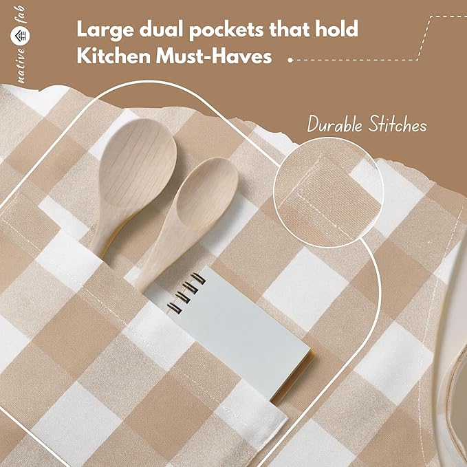 Native Fab Kitchen Apron 2 Pack - 100% Cotton Adjustable, Durable Apron with Pockets, Perfect for Cooking, Baking, Grilling