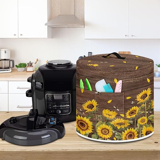 Flashideas Sunflower Print Dust Cover with Pocket for Instant Pot, Rice Cooker and Air Fryer, Round Pressure Cover Dust-Proof Stain Resistant Electric Appliance Cover Easy to Clean