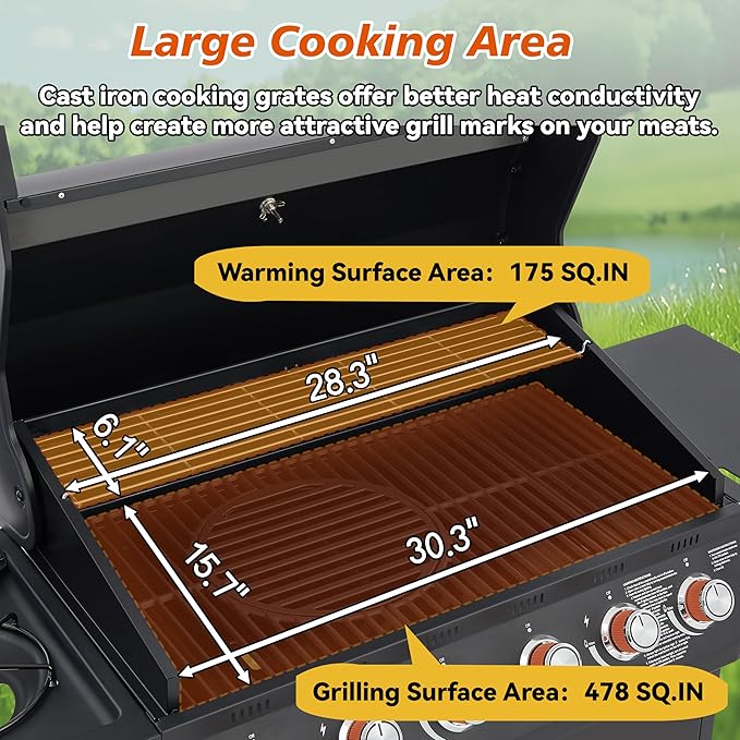 6 Burner Propane Gas Grill, 72,000 BTU Gas Grill with Side Burner, BBQ Grill with Cast Iron Grates, Stainless Steel Frame, 650 Sq In Cooking Area, Outside Grill for Patio Backyard