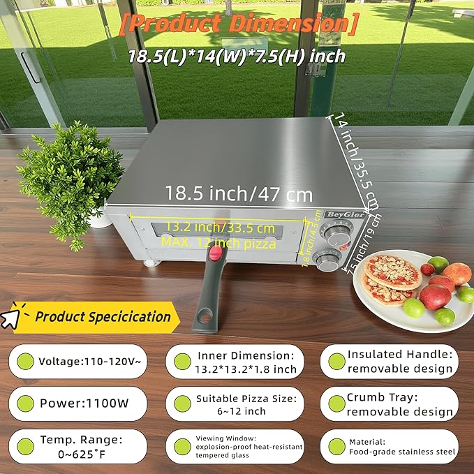 Electric Pizza Oven Indoor, Countertop Pizza Oven with Two 12 inch Baking Trays, Oven Mitts,Commercial Pizza Maker for Home, Stainless Steel Pizza Cooker with Visual Window, Removable Handle