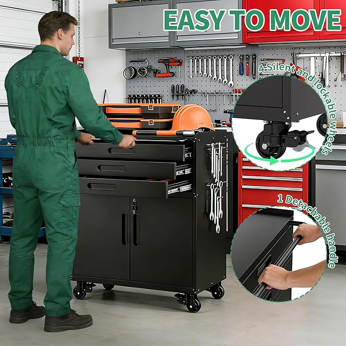 Garage Storage Cabinet, Metal Rolling Tool Cabinet with 2 Pegboard and 10 Hook, Heavy Duty Mechanics Tool Chest Storage for Workshop, Basement, Warehouse, Include Workbench Liner, Black