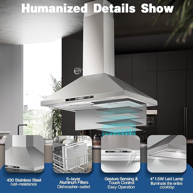 Island Range Hood 36 inch 700 CFM Ceiling Mount Kitchen Hood Vent with Gesture Sensing &Touch Control,Ducted/Ductless Convertible,3 Speeds Fan,4 LED Lights,Stainless Steel,Aluminum Filters