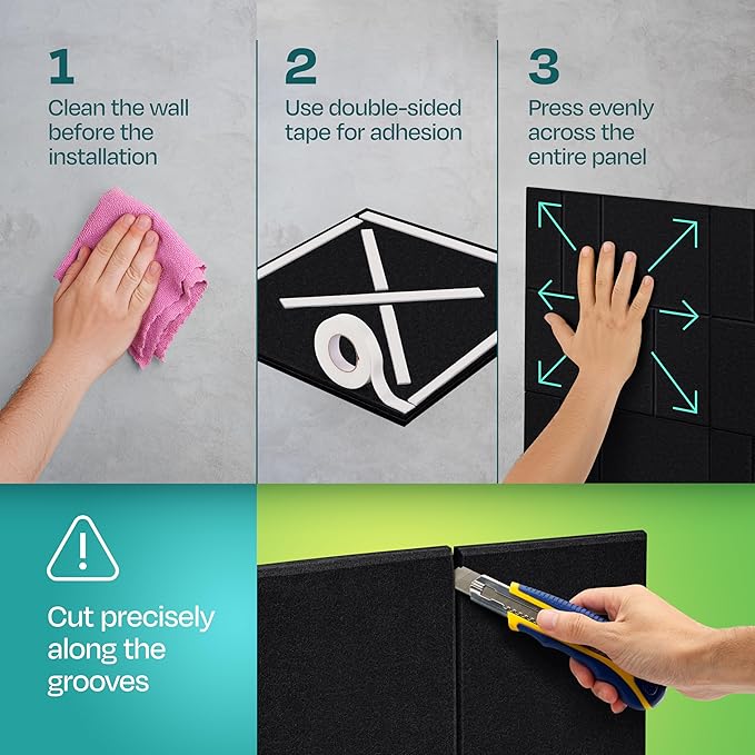 Acoustic Panels 12-Pack Soundproof Wall Panels 12"x12"x0.4" Decorative Sound Dampening for Your Home, Office, Studio, Bedroom & More with Unique GridFrame Carving [Deep Black]
