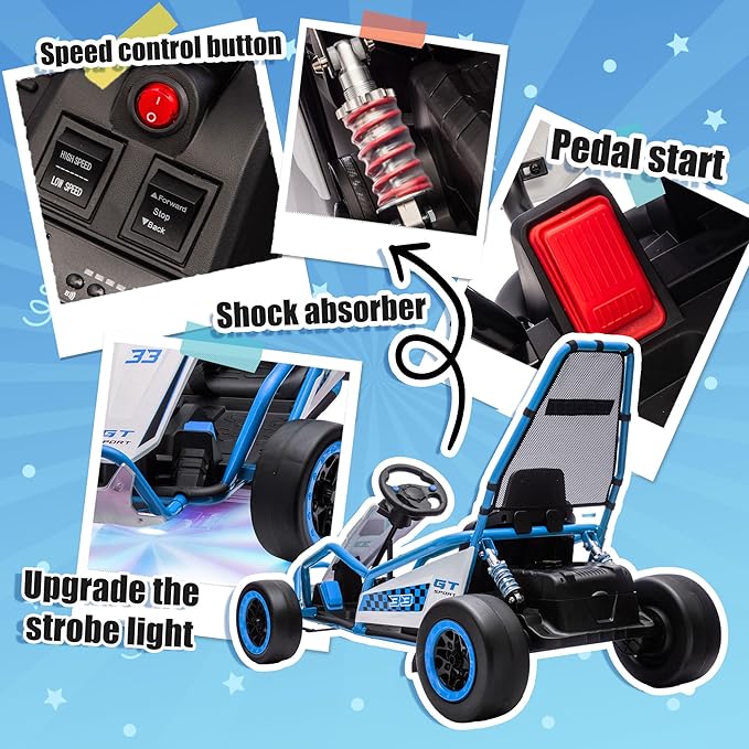 24V 8.5 MPH Electric Go Kart for Kids, 400W Powerful Drift Kart w/Front EVA Wheel & Metal Frame, Ride on Toy w/Music & Lights, Suspension, 2 Speed, 5 Point Harness, Crazy Cart for Ages 6+, Blue