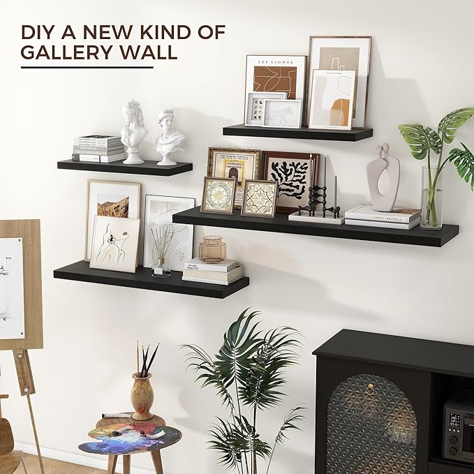Floating Shelves for Wall 36"W x 7.8"D x 1.5"H, Engineered Wood Wall Shelves with Invisible Brackets for Living Room Bedroom Bathroom Office Kitchen Decor and Storage, Black Finish, Set of 2