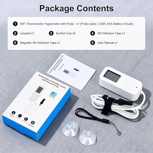 eMylo WiFi Refrigerator Thermometer Hygrometer Sensor, Wireless Freezer Temperature Humidity Monitor with App Alert, Free Data Storage Export, Dual Detection for Home Kitchen Fridge Aquarium Tub