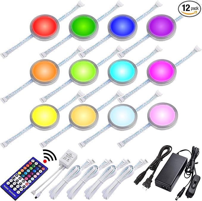 RGBWW LED Closet Light, Hutch Bookshelf Showcase Display Lighting, Multi Color Chaneable & Warm White, Remote Dimmer, Daisy Chained Linkable Pucks, 120V Hard Wiring & Plug in, 12 Lights