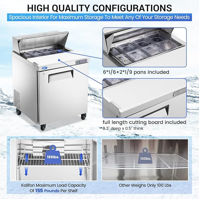 27" W 1 Door Refrigerator Sandwich Salad Prep Table Commercial Stainless Steel Fan Cooling Refrigerator with Cutting Board, 1 Shelves & 8 Pans for Restaurant, Bar, Shop-7.4 Cu.ft