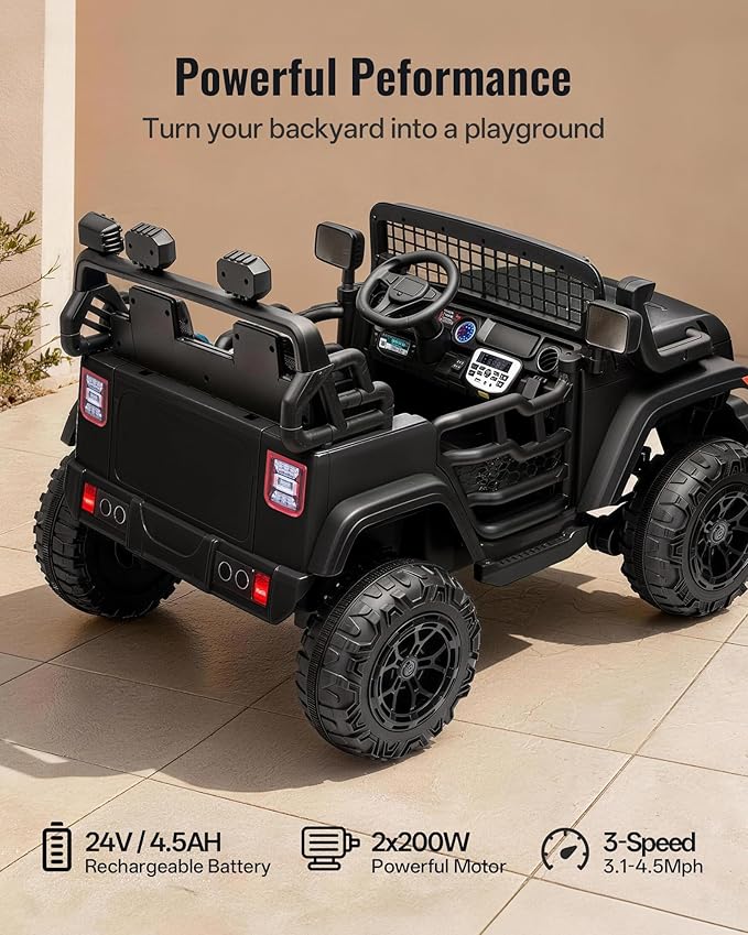 2 Seater Ride on Car Toy, 24V 4WD Electric Car for Kids 4-8 with Remote Control, 4x200W Motors, Capacity 110 lb - Black