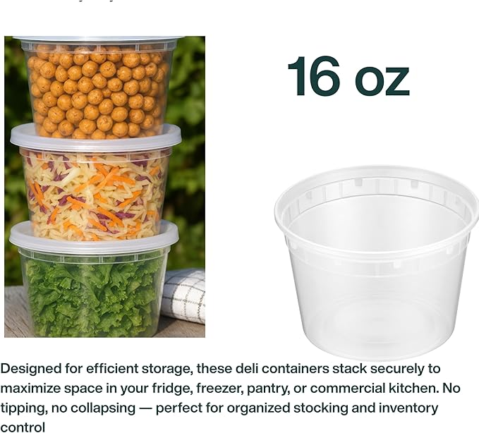 16oz [50 set] Heavy Duty Plastic Deli Container | BPA-Free Food Storage with Airtight Leak‑Proof Lids | Microwave, Freezer & Dishwasher Safe – Stackable, Bulk Reusable Soup & Meal Prep Tub