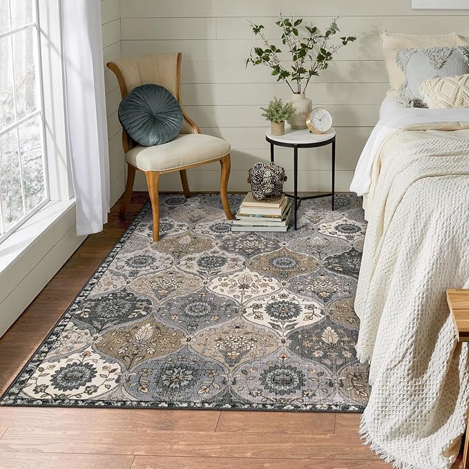 Lahome Moroccan Trellis Washable Area Rugs, 3x5 Rug for Bedroom Entryway Indoor Non-Slip, Small Oriental Accent Carpet for Living Room Kitchen Office, Grey