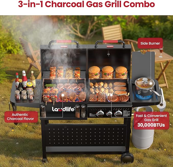 Gas and Charcoal Grill Combo with Side Burner, 3 Burners Propane BBQ Grill, 748 SQ.IN Cooking Space, Non-Stick Enamel Coating Grates, Heavy-Duty Stand for Backyard & Outdoor Barbecue