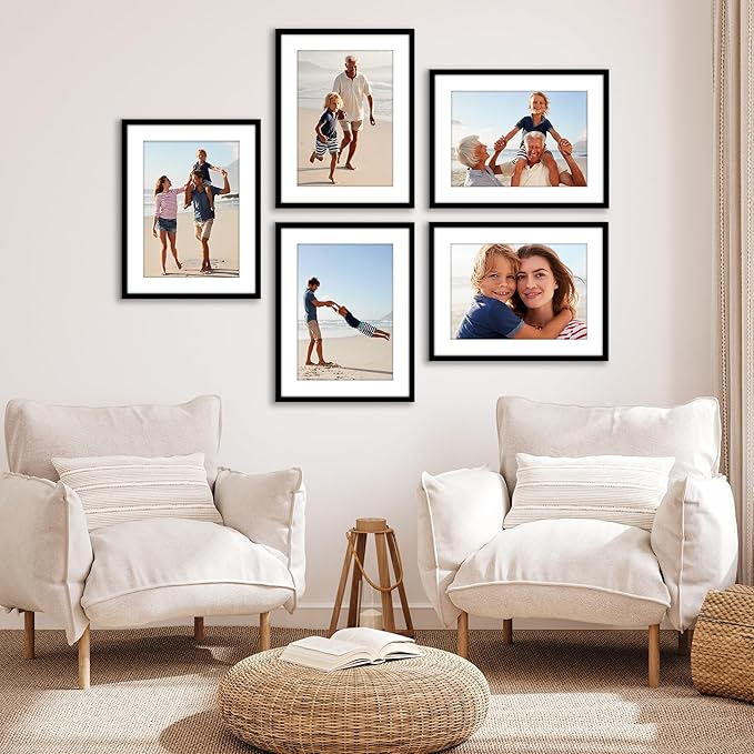 Americanflat 16x21 Picture Frame with Polished Plexiglass - Set of 5 - Use as 12x17 Frame with Mat or Display 16x21 Photo Without Mat - Galleria Collection - Picture Frames for Wall Display - Black