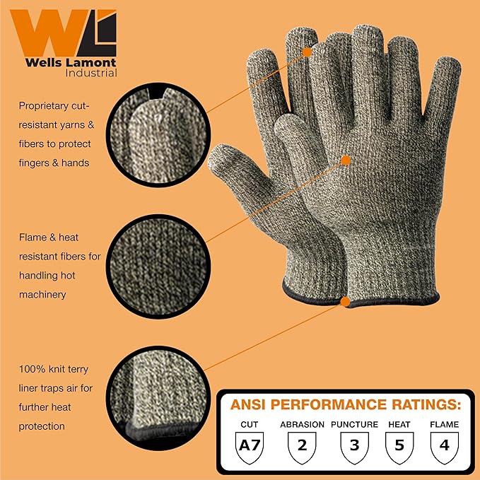 WELLS LAMONT INDUSTRIAL 2616 Cut Resistant Heat Gloves – ANSI Cut Level A7, Heat Level 5, Flame-Resistant, Wool Terry Liner, – Thermal Protection for Hot Machinery Handling, X-Large, 1 Pair of Gloves