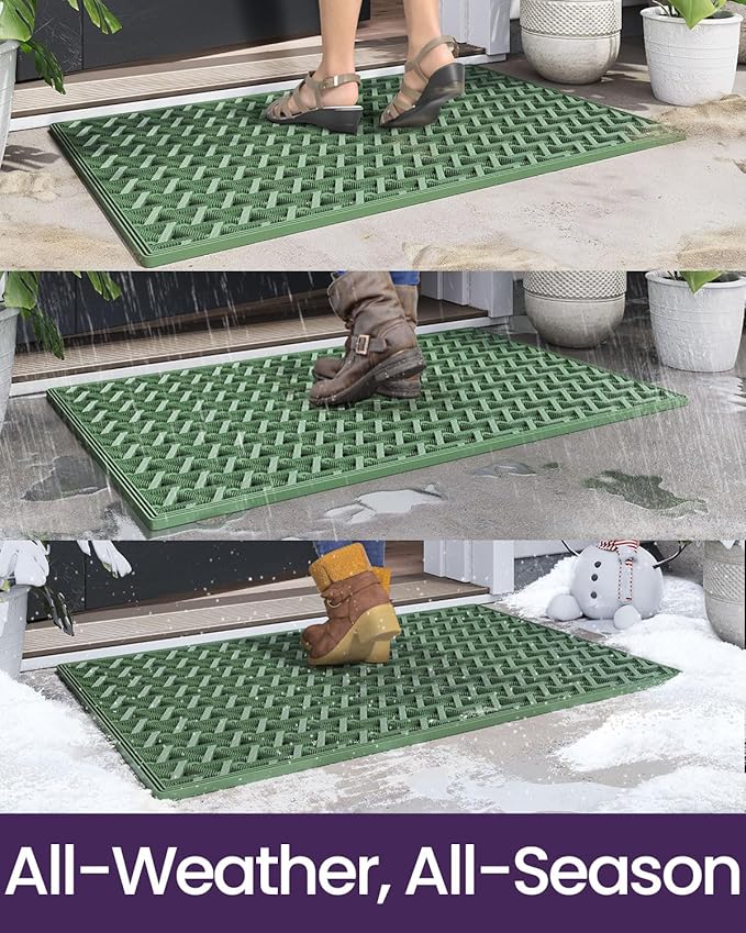 DEXI Front Door Mat Outside Entrance Rubber 24x36, Welcome Floor Doormat Heavy Duty Non Slip, Dirt Trapper Waterproof Exterior Entry Mats All Weather for Patio Entryway Drainage, Green