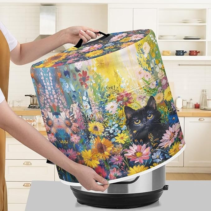Xoenoiee Black Cat Vibrant Floral Print Kitchen Appliance Dust Cover with Pockets, Electric Pressure Cooker Cover for 6qt Compatible with Crock Pot, Rice Cooker Cover