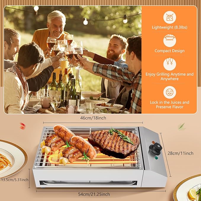 Countertop Electric BBQ Grill, 1800W Commercial Smokeless Barbecue Oven with Adjustable Temperature, Portable Stainless Steel Grill for Party Home Camping Cooking
