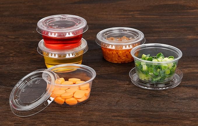 EDI Clear Disposable Plastic Portion Cups with Leakproof Lids | 2 Oz, 100 Sets | BPA Free, Recyclable Jello & Dipping Sauce Cups