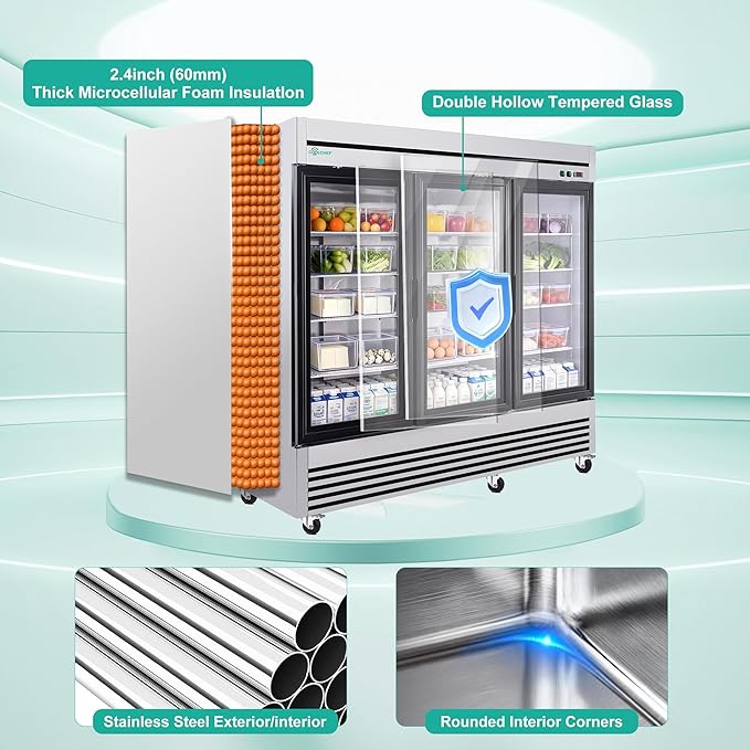 COOLCHEF 81" Commercial Glass Door Refrigerator, 72 Cu.Ft Triple-Door Reach-In Cooler, 33–40℉, Triple-Layer Low-E Glass, 12 Shelves, R290