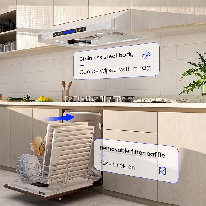EKON 36 inches Under Cabinet Range Hood, 900 CFM Stainless Steel Kitchen Chimney Vent, 4 Speed Touch Screen Control With Remote 2Pcs 3W LED lights Dishwasher-safe Filters Fan Timer